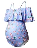 Maternity Bikinis Tankini Floral Flouncing Swimsuit One Piece Beachwear Blue with Pink Flower L