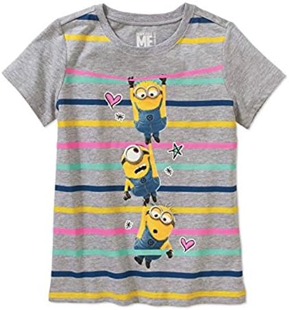 Evy Despicable Me Minions Hangin' Girls Stripes, hearts Short Sleeve Crew Neck Graphic T-Shirt (Large (10-12))