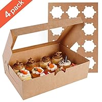 Farielyn-X 4 Packs Cupcake Boxes, Food Grade Kraft Bakery Boxes with Inserts and Display Windows Fits 12 Cupcakes or Muffins