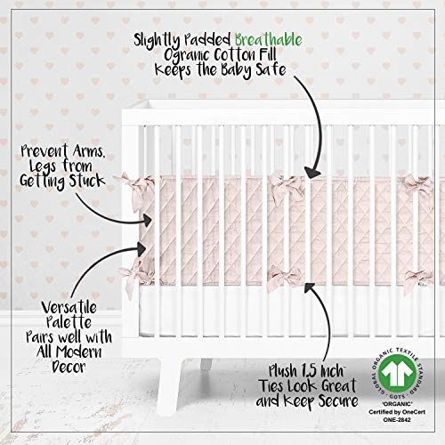 MakeMake Organics Organic Crib Bumper Pad GOTS Certified Organic Cotton Crib Bumper Pads Breathable Cotton Quilted Thinner Safe Hypoallergenic 4 PC Set Standard Crib Liner Girls (160"x10", Blush Pink)