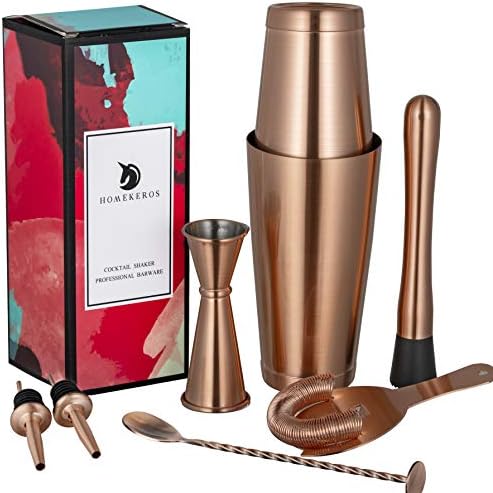 Antique Copper Boston Cocktail Shaker Set: 8-Piece Bartender Kit: 2 Weighted Martini Shaker Tins, Hawthorne Strainer, Double Jigger, Muddler, Mixing Spoon & 2 Liquor Pourers