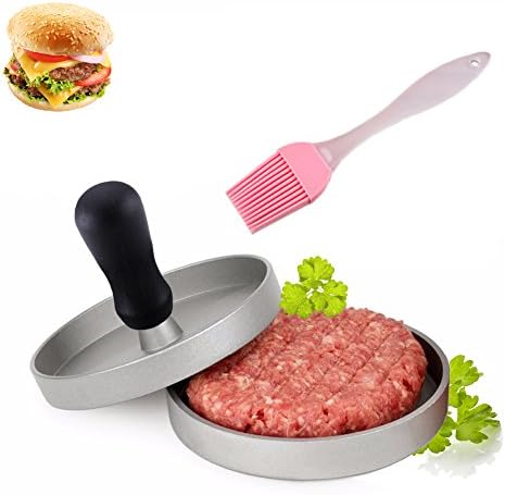 Kitchenhoney Hamburger Press Aluminum Non-Stick Patty Maker Mold with Silicone Pastry Oil Cooking Brush