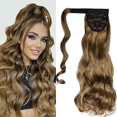 Cybelleza Ponytail Extension Curly Wavy Wrap Around Pony Tail Clip in Hair Extensions Hairpiece Synthetic Long for Women (Ash Blonde&Dirty Blonde) — image 1