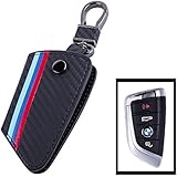 JKCOVER for BMW X1 X5 X6 5 Series 7 Series, M-Colored Stripe Black Carbon Fiber Pattern Leather Key Holder with Keychain