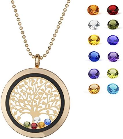 EBOETA Pendant Necklace Tree of Life Gemstone Charms Living Memory Locket, Crystal Quartz
