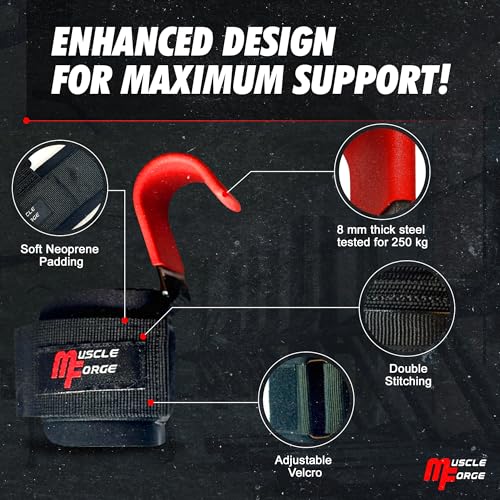MuscleForge Weight Lifting Hooks for Men & Women, Heavy Duty Steel Grip Hooks with Neoprene Wrist Support, Up to 250kg, for Deadlifts, Pull Ups, Rows & Shrugs, Adjustable Universal Fit