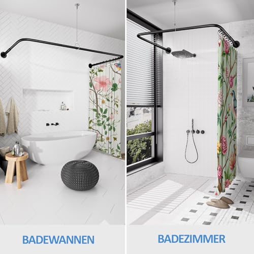 Shower Curtain Rail U Shape/L Shape, [60-92] × [78-196] × [60-92] cm Adjustable Shower Rail Corner with 12 Curtain Rings & Ceiling Support for Bathtub/Bathroom, Drilling Assembly Required, Black