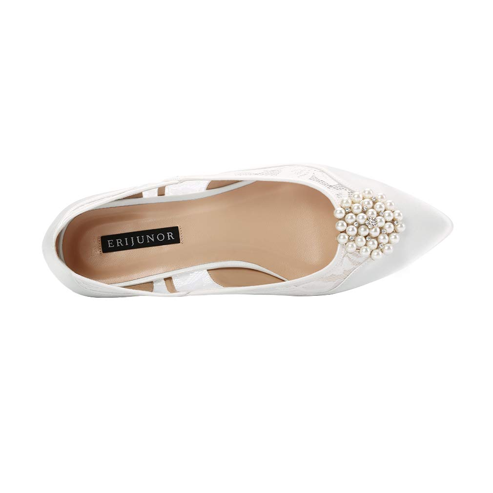 ERIJUNOR Lace Wedding Shoes Flats Ivory Satin Pointy Toe Comfortable Low Heel - Image 5