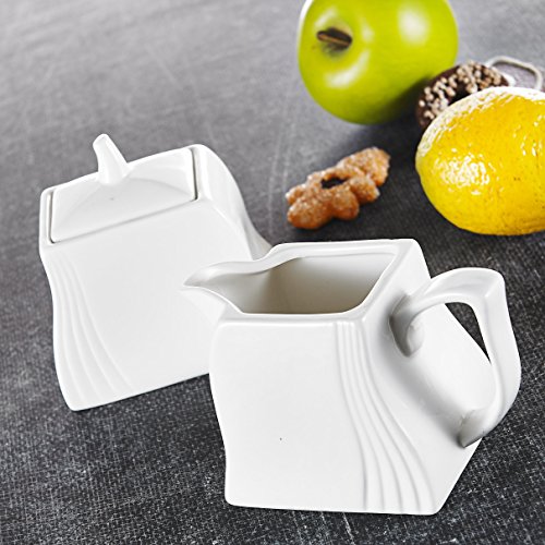 Malacasa, Series Amparo, 3-Piece Ivory White Porcelain Ceramic Sugar and Creamer Set Serving for Coffee and Tea of Milk Jug and Sugar Pot (with Lid) - Thumbnail 4