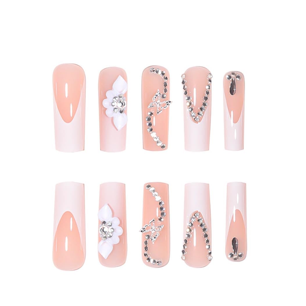 RikView French Tip Nails Square Press on Nails Long Fake Nails with 3D Flowers White Nails Glossy Stick on Nails 24 PCS - Image 2