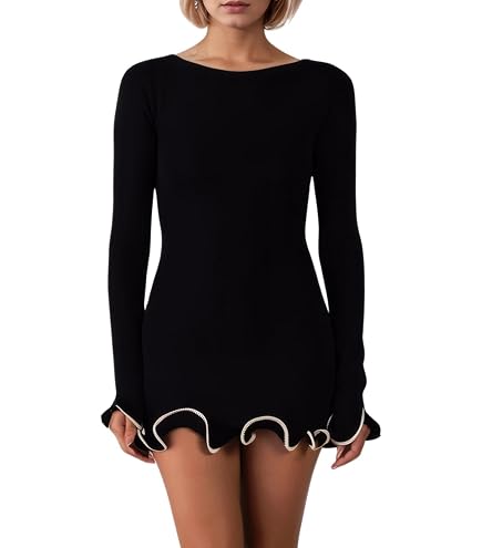 DSORVICD Goth Dress for Women Striped Off Shoulder Long Sleeve Knit Dress Y2k Bodycon Sweater Mini Dress (Black, S) : Clothing, Shoes & Jewelry
