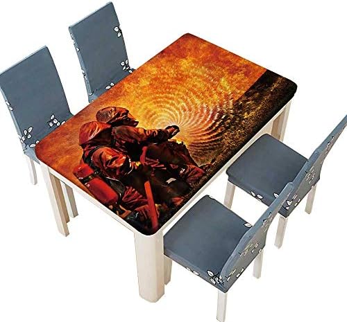 PINAFORE Decorative Tablecloth Firemen Using Extinguisher and Water from Hose for fire Fighting at Firefight Training Service for Indoor and Outdoor Use W69 x L108 INCH (Elastic Edge)