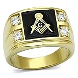 Stainless Steel Gold-Tone Round Shape Cubic Zirconia FreeMason Men Ring Size 10 SPJ