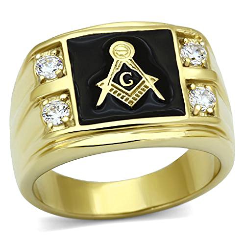 Stainless Steel Gold-Tone Round Shape Cubic Zirconia FreeMason Men Ring Size 10 SPJ
