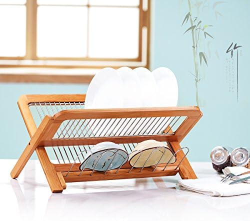 Bamboo Folding Dish Rack Drainer Bowl Plate Cup Drying Rack Holder,Kitchen Utensils Storage 2-tier Non-Assemble Built-in 24 Stainless Steel Slot