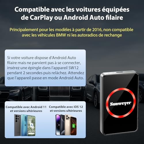 Sunweyer CarPlay 2025 Android Auto Streaming Box SW12 Wireless Adapter with Netflix, YouTube, Hulu, App Installation - AI Box, Dual WiFi, HDMI, LED Mood Light (SW12 Pro)