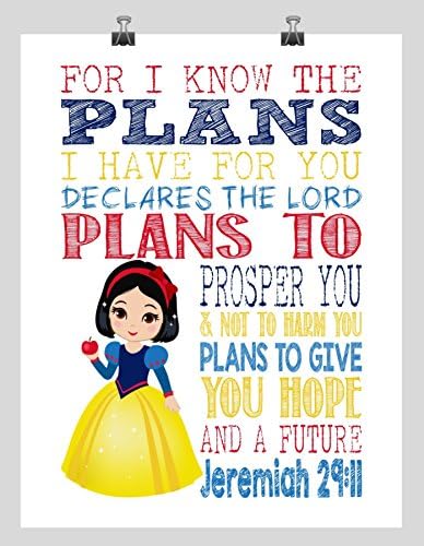 Snow White Christian Princess Nursery Decor Wall Art Print - For I Know The Plans I Have For You - Jeremiah 29:11 Bible Verse - Multiple Sizes