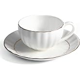 IQCWOOD 6.09oz Bone China Tea Cup and Saucer Set, 2 PCS | White Tea Cups with Gold Trim, Classic Style for Afternoon Tea, Tea Parties, Coffee Shop, Weddings, Gifting