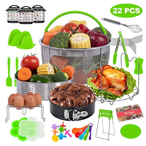 PentaQ 22 Pieces Instant Pot Accessories for 5/6/8 Quart, Pressure Cooker Accessories Set Green - 2 Steamer Baskets, Egg Bites Mold, 7 Inch Springform Pan, Egg Rack, Magnetic Cheat Sheets