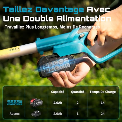 SEESII Electric Telescopic Hedge Trimmer 2.6 m, Electric Hedge Trimmer with 40 cm Double Action Blade, 2 x 4.0Ah Batteries, 135° Adjustable Swivel Head, for High Hedges and Dense Shrubs