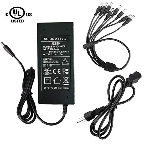 [UL Listed] JZTEK AC 100-240V to DC 12V 5A Switching Power Supply Adapter + DC Power Splitter Cable 1 Female to 8 Male Connectors for CCTV Camera/LED Strip Flexible Lights (12V 5A)
