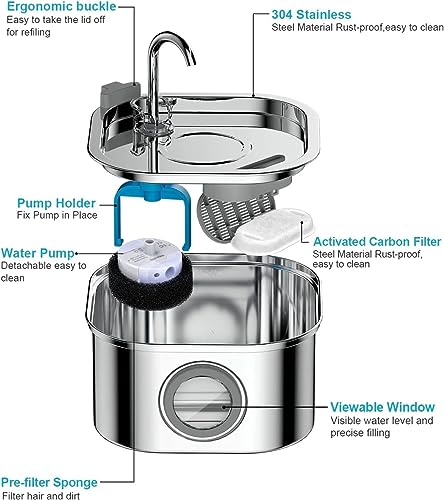 Cat Water Fountain, VinDox 108oz/3.2L Pet Water Fountain Stainless Steel, Dog Water Dispenser, Automatic Cat Fountain with Water Level Window, Quiet Pump, for Multiple Pets