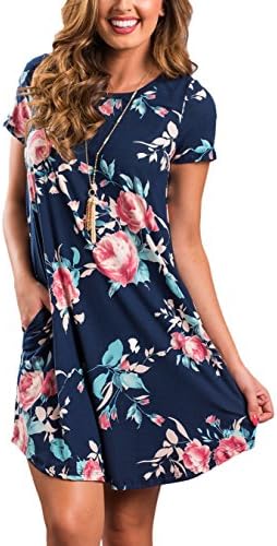 VIEWIM Women's 3/4 Sleeve Floral Print Pocket Casual Swing T-Shirt Dress