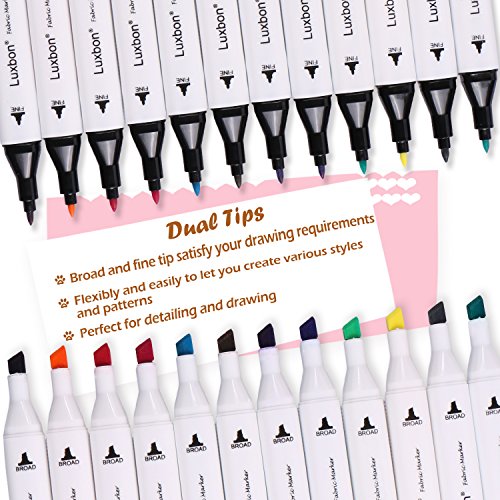 image for Luxbon 12 Pack Permanent Fabric Markers Pens Color Art Markers Dual Ti