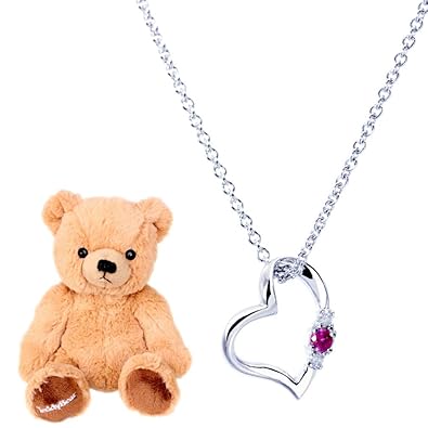 【クリックで詳細表示】[シアーズ] Sears 天然ダイヤ ハート ネックレス レディース テディベア ぬいぐるみセット 10月 ピンク トルマリン ブラウンベア