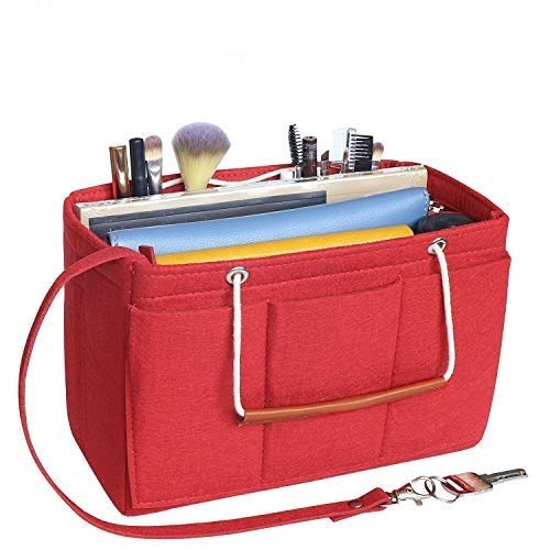Soyizom Felt Bag Organiser Insert Handbag for Women,Travel Makeup Handbag Organiser Insert Bag Liner for Tote with Handles Keychain(Medium,red)