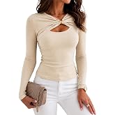 CHICME Womens Long Sleeve Ribbed Cutout Shirts Slim Fit Casual Tops | Gold Buckle Cut Out Tee,Twisted Front Hollow Out Top,Chic Elegant Tops,Pre-Fall Spring Transition Outfits,Daily Party Work