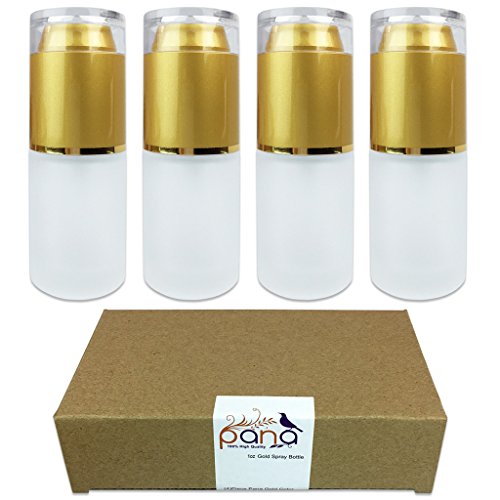 8 Piece ( 4 x 1/2oz and 4 x 1 oz ) Pana Gold Frosted Glass Spray Bottle with Fine Mist Atomizer and Cap for Fragrances, Aromatherapy Essential Perfume Oils Rubbing Alcohol and Blends Liquids (Gold)