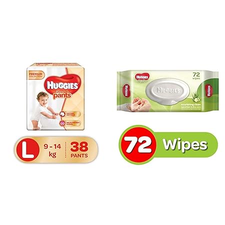 Huggies Ultra Soft Pants Diapers, Large (Pack of 38) & Huggies Cucumber and Aloe Vera Baby Wipes (72 Count)
