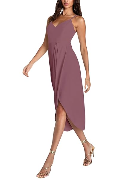 SPRIME WOMEN’S COCKTAIL WRAP DRESS SLEEVELESS V NECK FORMAL MIDI DRESSES IRREGULAR TULIP HEM SUMMER SEXY DRESS FOR WOMEN CAMEO BROWN