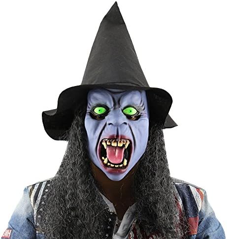 Mullano Horror Mask Latex Witch Tusks with Hat Wig Halloween Party
