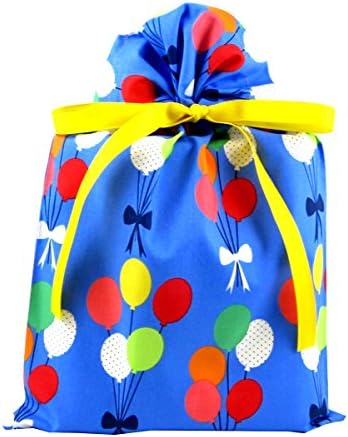 Reusable Blue Fabric Gift Bag with Balloons for Birthday, Graduation or any Party Occasion (Standard 10 Inches Wide by 15 Inches High)