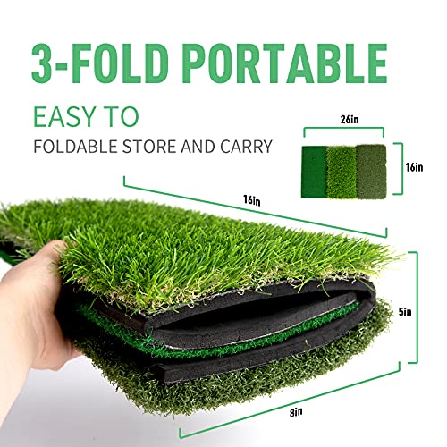 LYKO Tri-Turf Golf Practice 3-in-1 Hitting Mat for Backyard, 25x16 inches Turf Mat for Indoor Outdoor, Training Driving Foldable Grass Golf Chipping Matt, Green