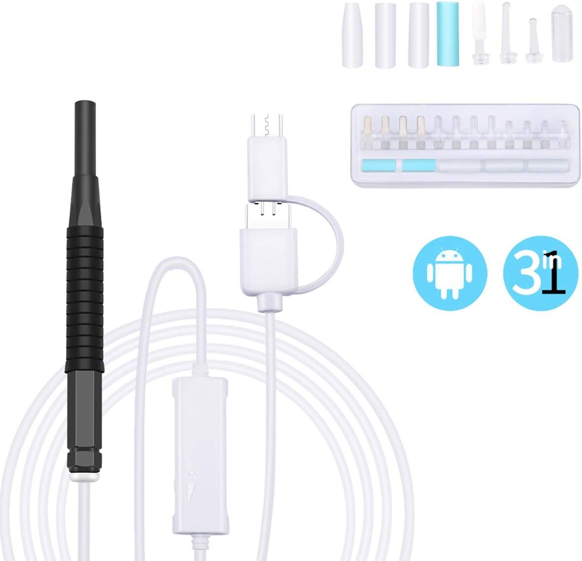 Nosii USB+Micro USB + Type-C Mini HD 720P Otoscope, 3 In 1 Ear Camera Scope Earwax Removal Kit Ear Wax Cleaning Tool (Color : Black)