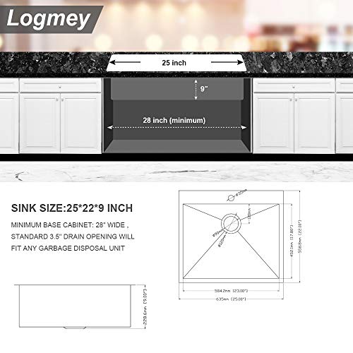Logmey 25x22 Inch Kitchen Sink Drop-in Topmount 18 Gauge Single Bowl Stainless Steel Bar Sinks
