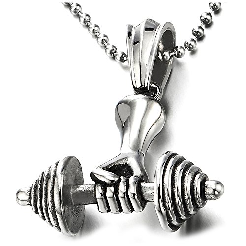 Mens boys steel hand weight lifting barbell dumbbell pendant neck…