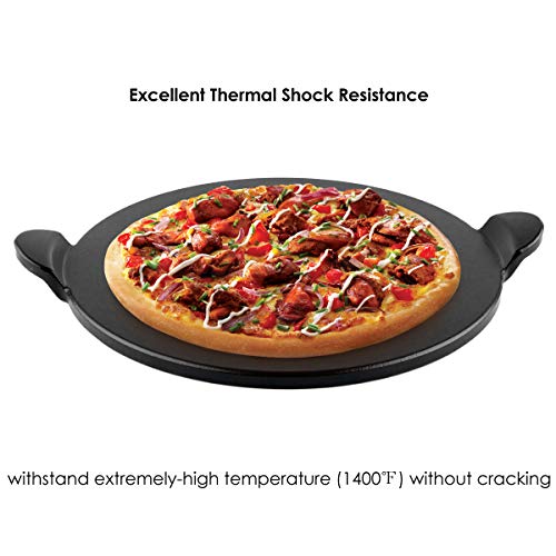 waykea 13” Ceramic Glazed Pizza Stone for Oven Grill or BBQ | Premium Bread Baking Stone Cordierite Pizza Grilling Stone, Black, Round with Handles