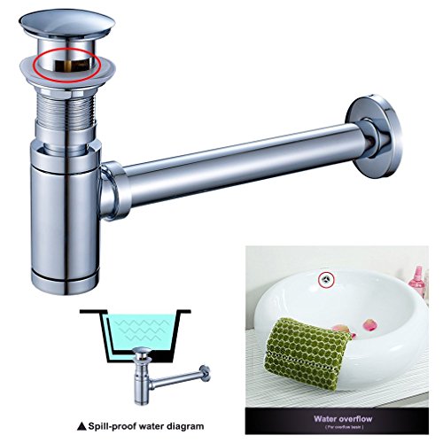 FChome Bottle Trap, Round Bottle P-Trap Decorative Lavatory Basin Sink Waste Traps Drain Tube Kit,Adjustable Height,Chrome Finish