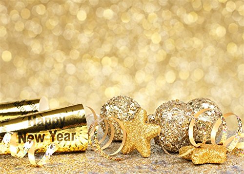 Leowefowa 9X6FT Vinyl Photography Backdrop Happy New Year Bokeh Glitter Sequins Christmas Ball Golden Stars Background Kids Children Lover Photo Studio Props