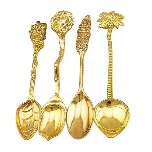 Verdental Retro Stereoscopic Coffee Spoon Tea Spoon Dessert Spoon Mixing Spoon Ice Cream Spoons Set of 4 (Gold)