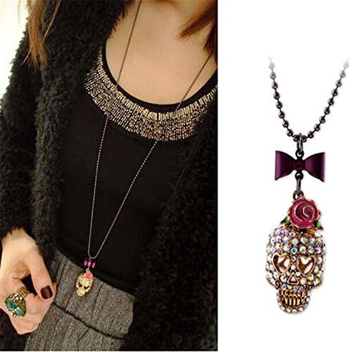1x Rose Bow Skull Necklace Long Sweater Chain Metal Jewelry Pendant For Gift Fad