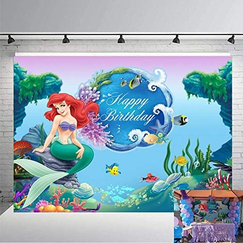 海下マーメイド背景 女の子の誕生日背景 7x5フィート アリエルのマーメイドプリンセスの背景 写真撮影用 子供の誕生日パーティー装飾用品 装飾バナー フォトスタジオ小道具