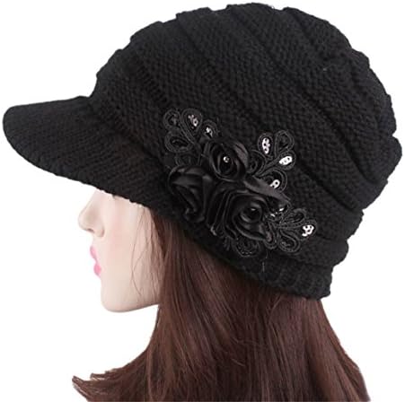 Hat Clearance ♥ Fashion Women Winter Warm Crochet Knitted Flowers Decorated Ears (Black B)