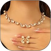 Rrdaily Rhinestone Pearl Wedding Jewelry Set for Women Bohemia Adjustable Crystal Zircon Pearl Dangle Earring Minimalist Pearl Necklace for Bride Bridesmaid