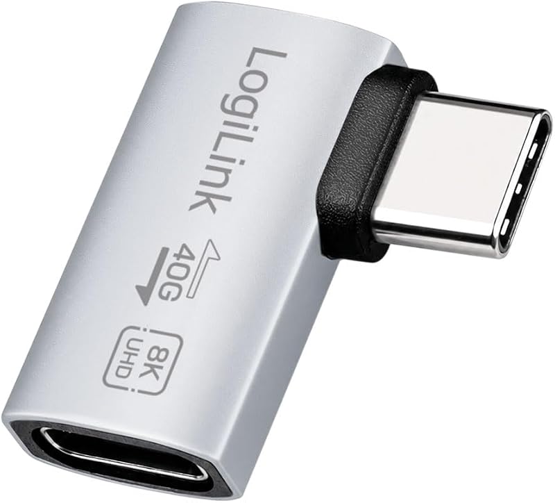 Adaptador USB 4 Tipo C 90° (Izquierda/Derecha), Transferencia de Datos de 40 Gbit/s! PowerDelivery 240 W, vídeo con 8 K/60 Hz, Macho-Hembra, Aluminio, Color: Plateado