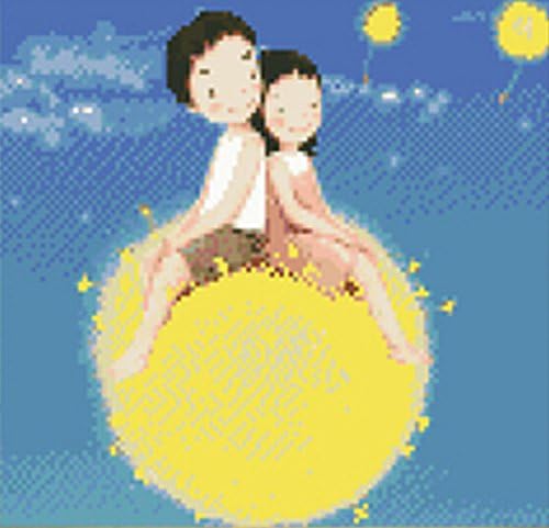 Qihu's 5d Crystal Diamond Painting DIY Counted Paint By Number Kits, a Boy and Girl Sit on Moon Picture
